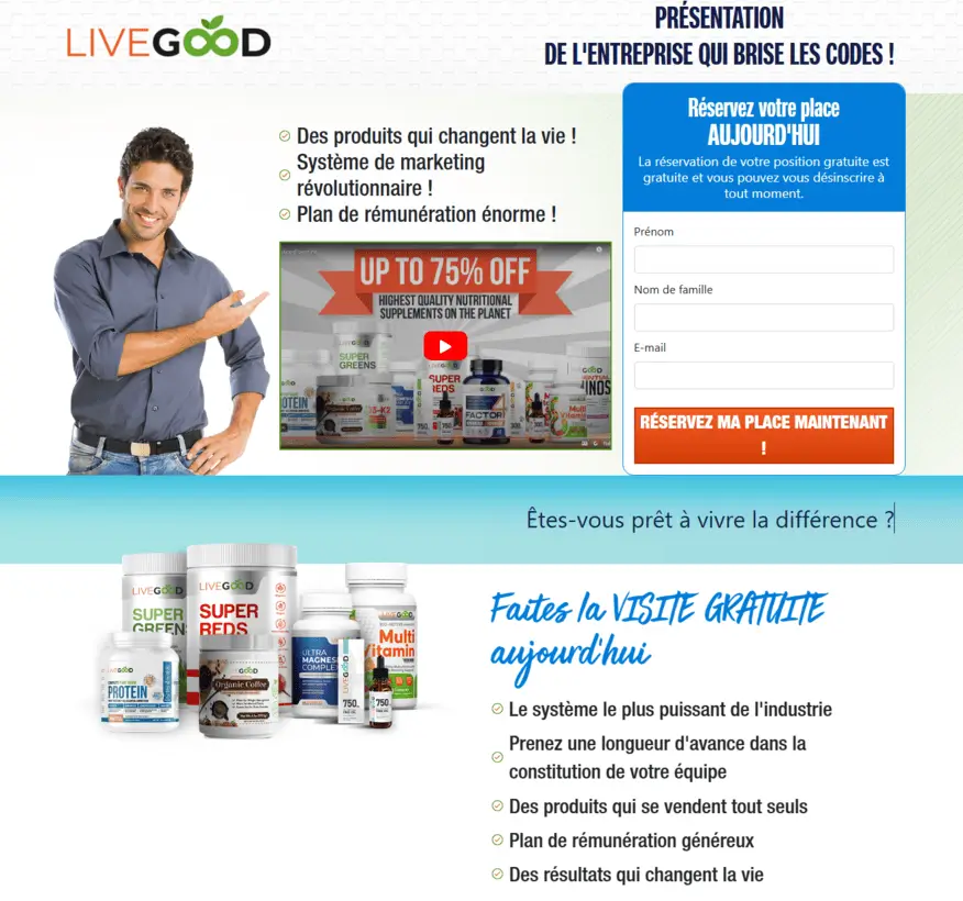 Formulaire d’inscription LiveGood et présentation visuelle des produits et du système