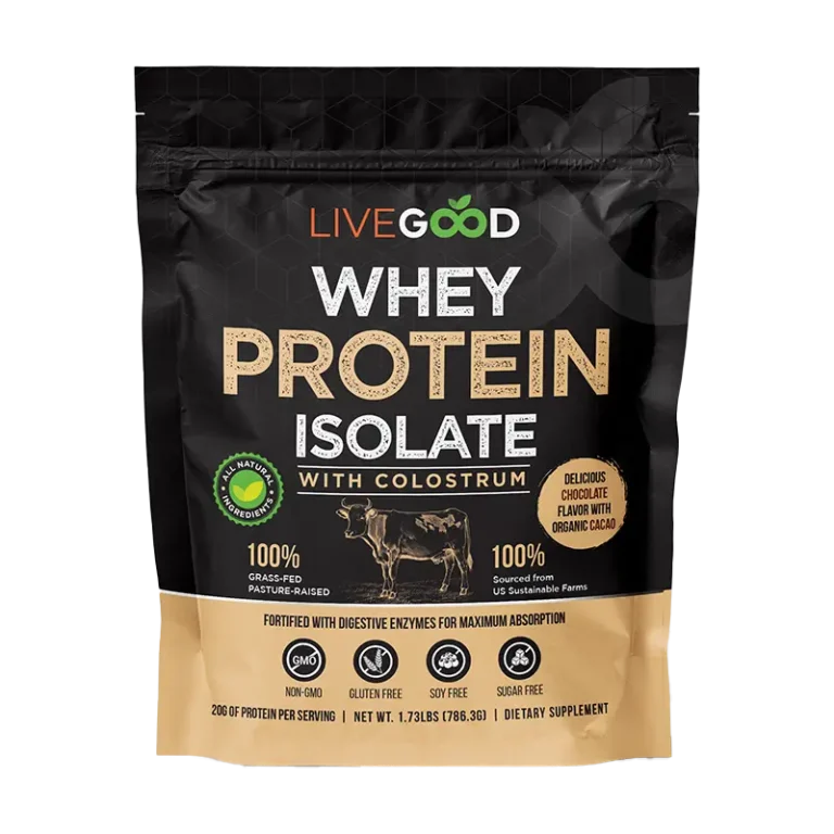 Isolat de protéines de lactosérum LiveGood avec colostrum en sachet noir et doré