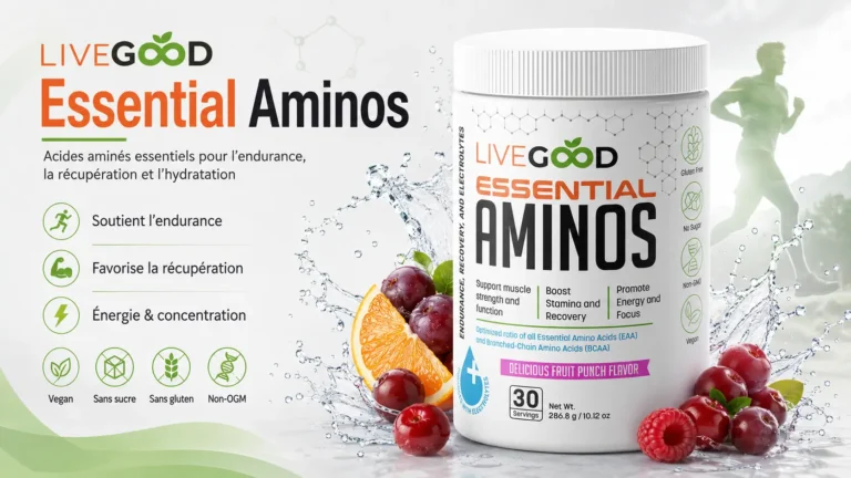 Flacon d'acides aminés essentiels LiveGood Essential Aminos saveur Fruit Punch et Lemon Lime pour la récupération et la masse musculaire