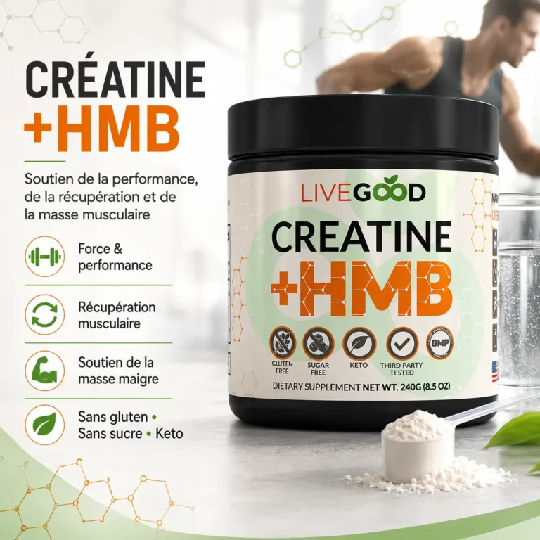 Créatine HMB LiveGood pot de 5g de créatine monohydrate et 3g de HMB pour la force et la récupération musculaire